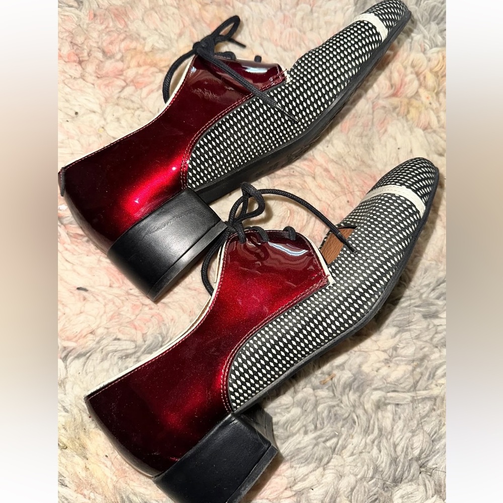 Modshoes black and white houndstooth and red patent loafters